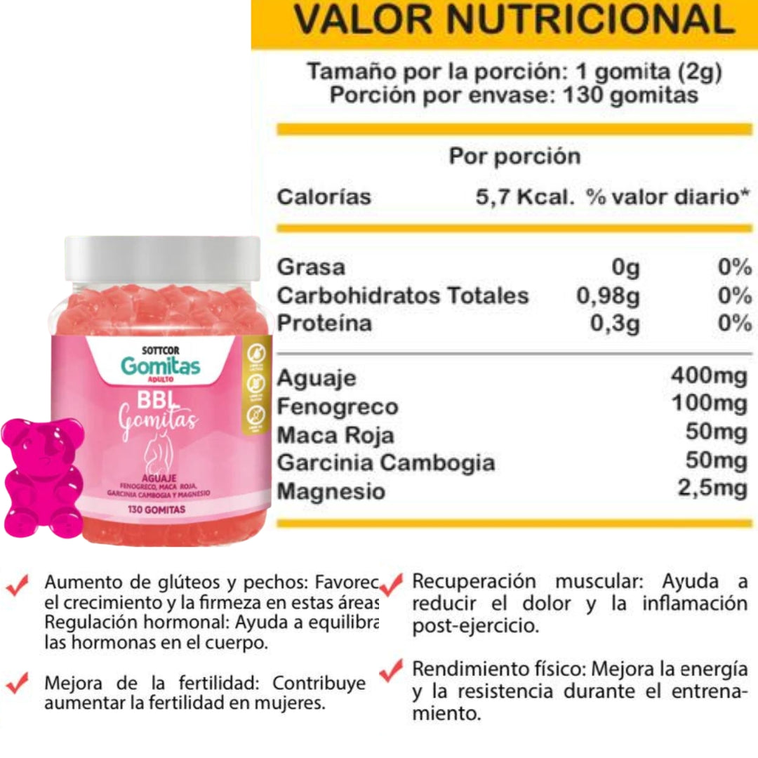 ¡BBL Originales Gomitas sabor a Fresa para aumento de gluteos, senos, piernas, caderas (130 gomitas) Maca Roja, Aguaje, Fenogreco, Garcinia Cambogía, Miel de Abeja, Magnesio